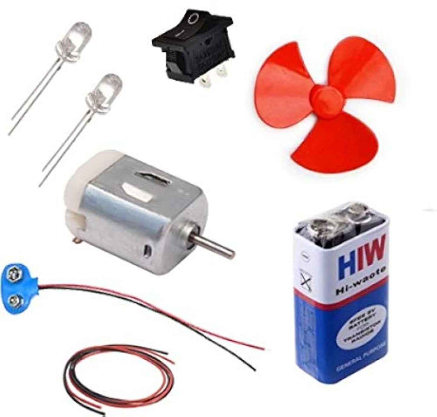 (Fan Blade, DC Motor, 9V Battery, 2 LED, 1 m Wire, Battery Clipper Switch for Project