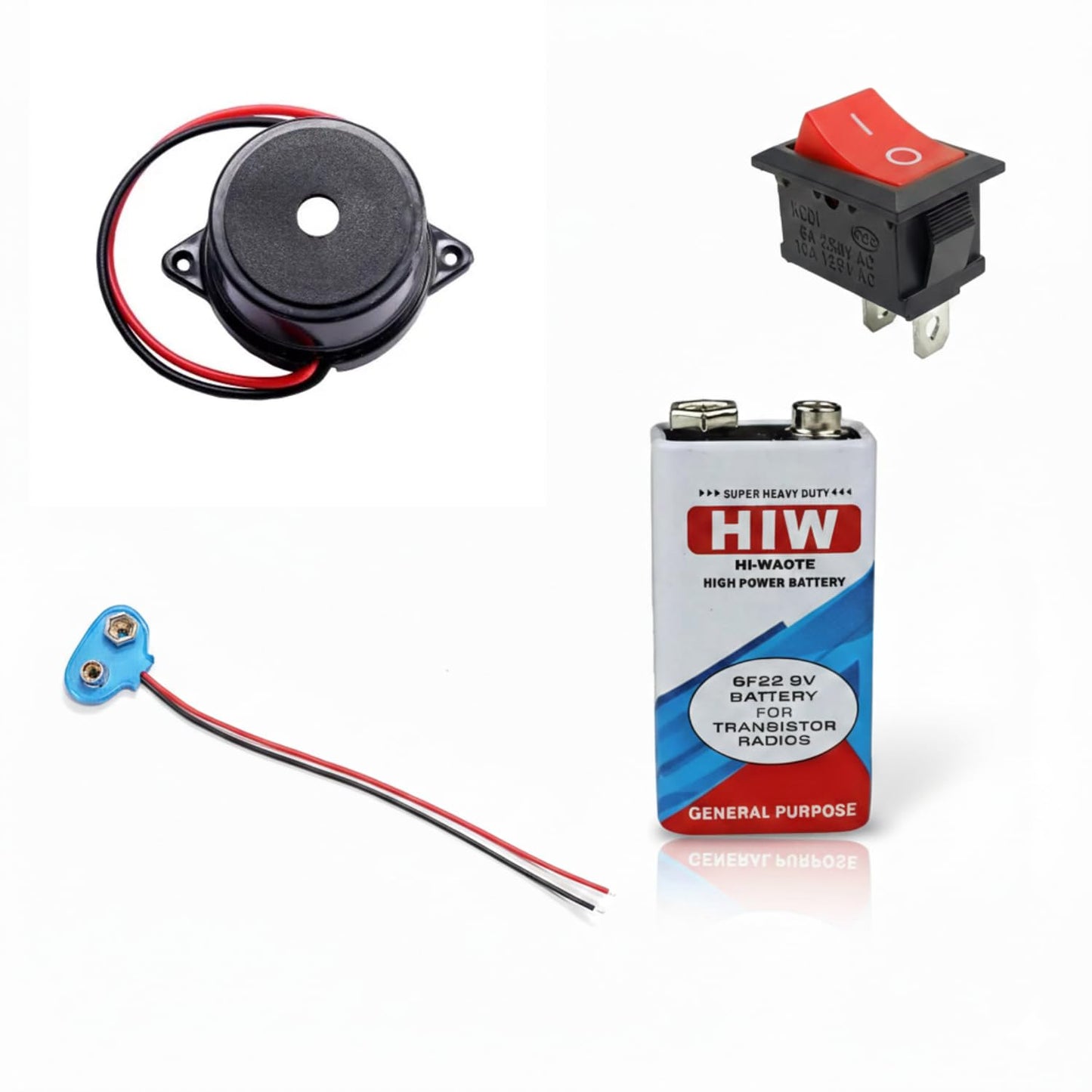 12vBuzzer, Rocker Switch Battery Clip and Battery Science Project Kit