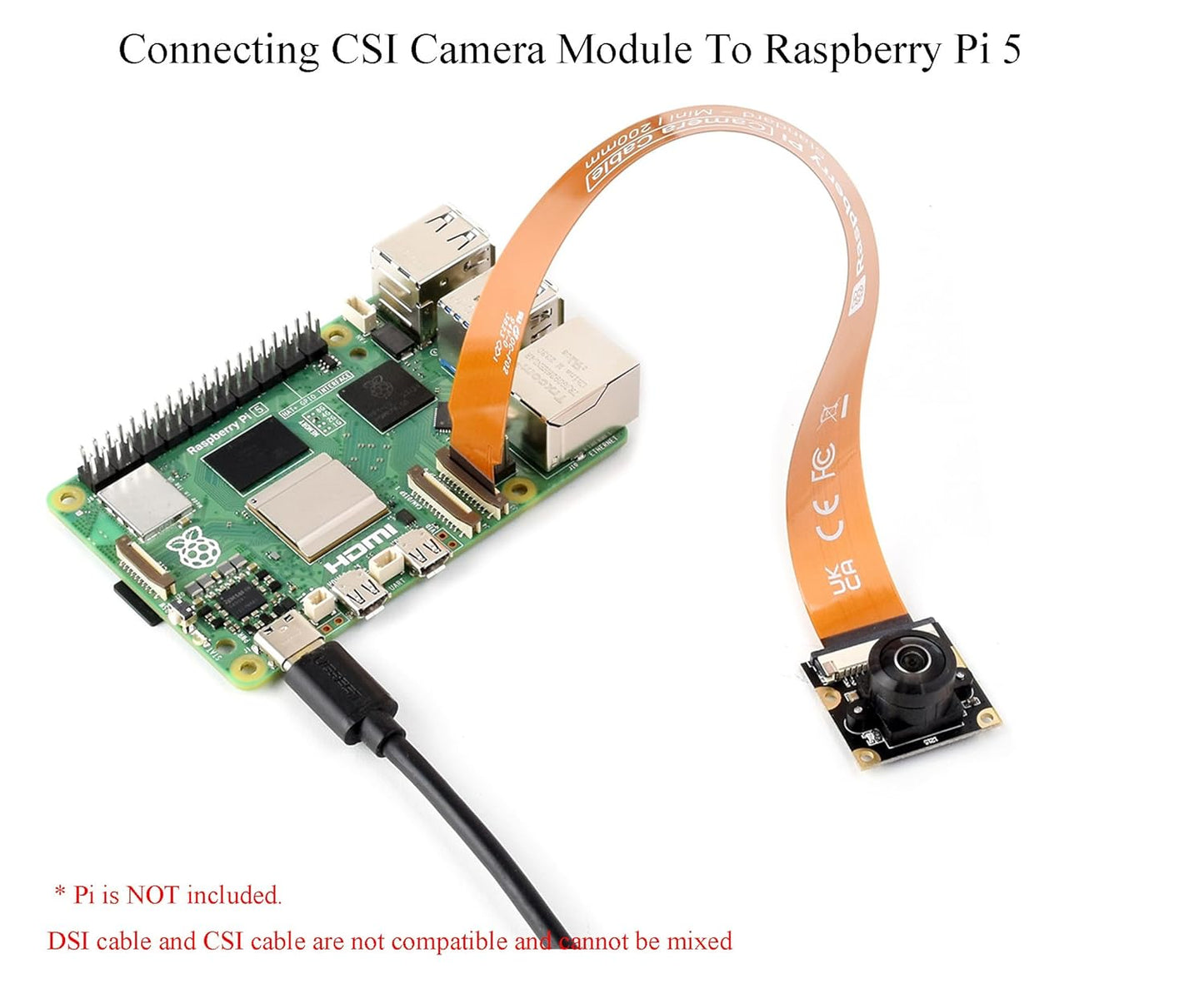 Official CSI FPC Flexible Cable Compatible with Raspberry Pi 5, 200MM/20CM, 22Pin to 15Pin, Suitable for CSI Camera Modules