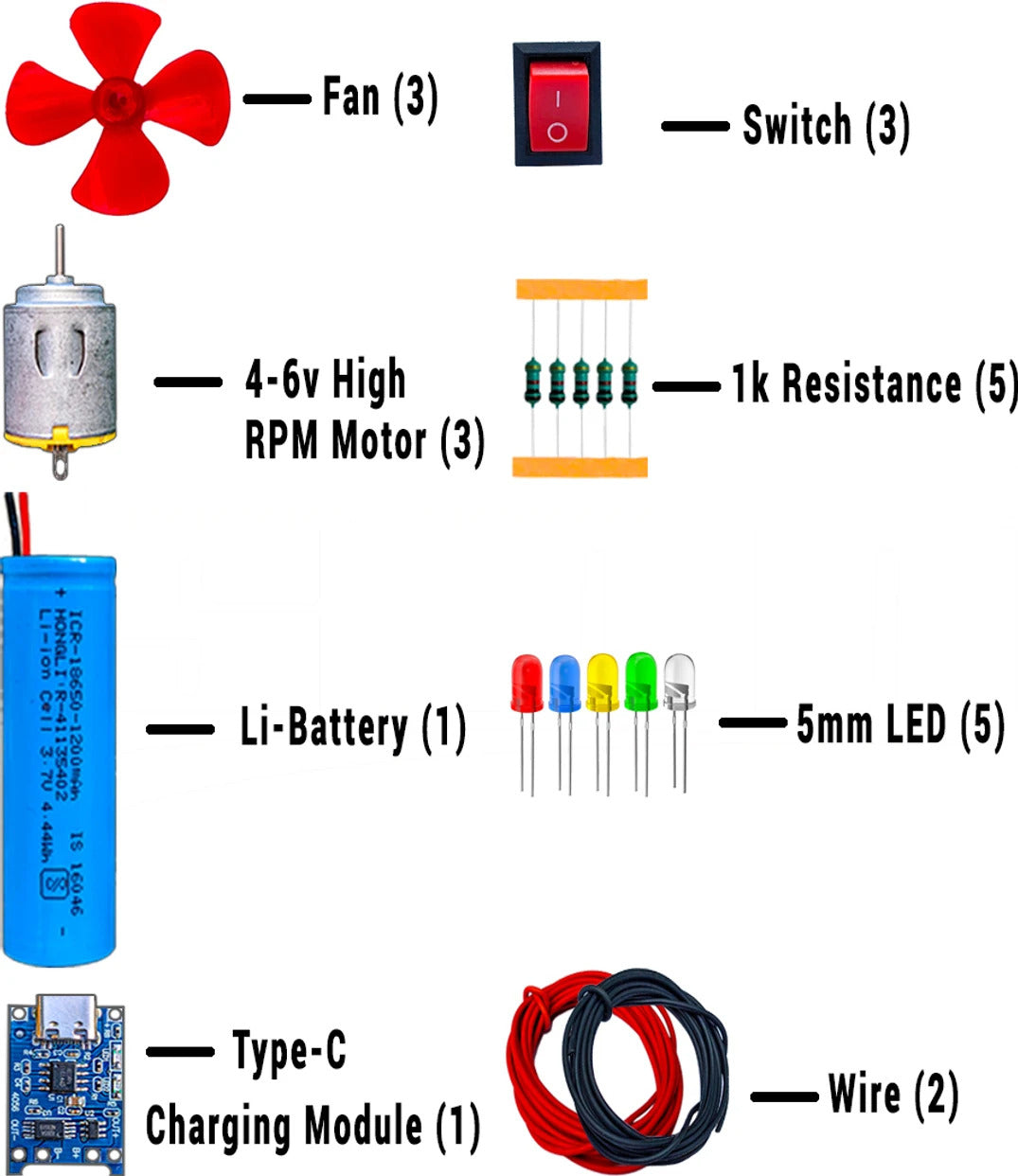 Long Term Useable 3.7 Li-Battery & DC Motor Science Project Kit(23 items) Motor Control Electronic Hobby Kit